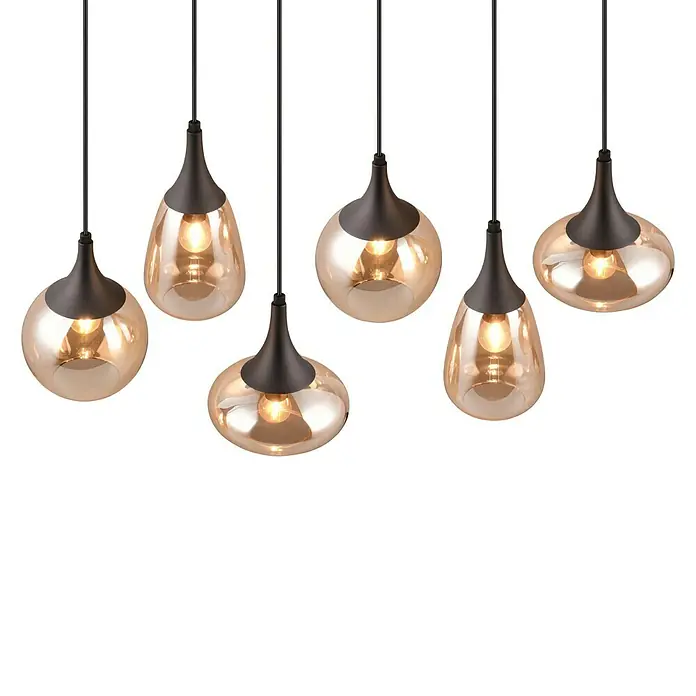 Trio Leuchten Lumina Pendelleuchte - 6 Stk., 240 W, L x B x H: 34,5 x 93,8 x 150 cm, Amber, Schwarz, E14 - Pendelleuchten mit bronzefarbenem Glas und schwarzen Aufhängungen, die ein warmes, einladendes Licht verbreiten und einen stilvollen Akzent setzen.