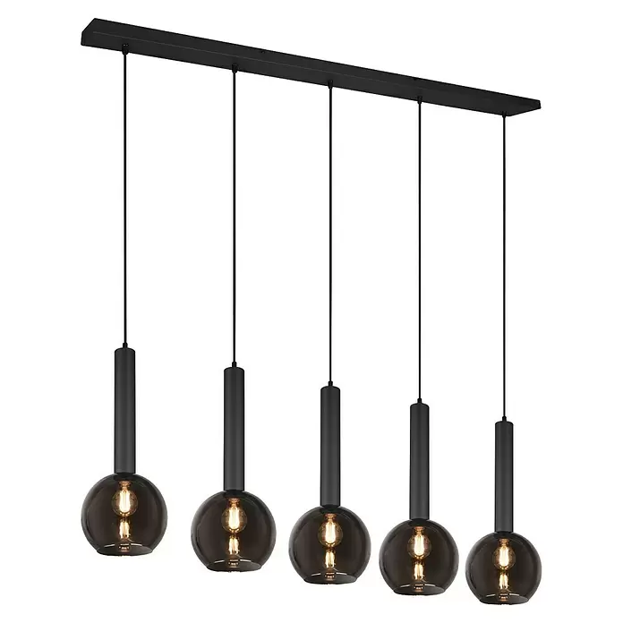 Trio Leuchten Pendelleuchte Clayton - 5 Stk., 140 W, L x B x H: 20 x 115 x 150 cm, Chrom, Schwarz, E27 - Schwarze lineare Pendelleuchte mit fünf Rauchglas-Leuchten, jede mit zylindrischer schwarzer Fassung und beleuchteter Glühbirne.