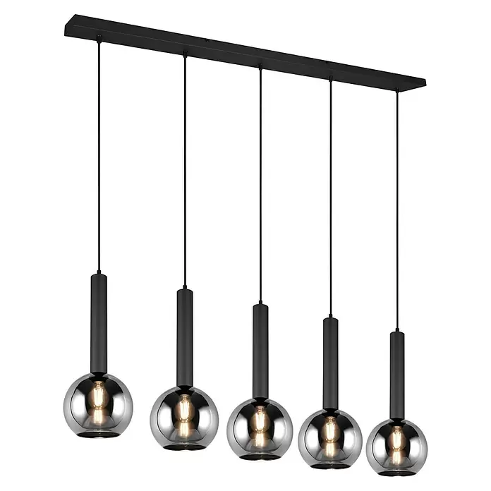 Trio Leuchten Pendelleuchte Clayton - 5 Stk., 140 W, L x B x H: 20 x 115 x 150 cm, Chrom, Schwarz, E27 - Lineare schwarze Pendelleuchte mit fünf kugelförmigen Rauchglas-Schirmen und warmweißen Filamentlampen.