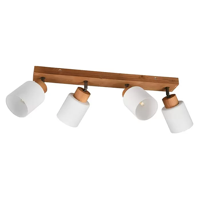 Reality Leuchten Assam Deckenstrahler - 100 W, L x B x H: 10 x 60 x 21 cm, Natur, E14, 4 Stk. - Deckenleuchte aus Holz mit vier verstellbaren Strahlern, jeweils mit einem weißen zylindrischen Lampenschirm und Holz-Akzenten.