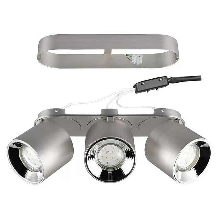 Trio Leuchten Deckenstrahler GUAYANA - 30 W, L x B x H: 8,7 x 27,3 x 12 cm, Nickel, GU10, Anzahl Leuchtmittel: 3 Stk. - Silberne LED-Deckenleuchte aus gebürstetem Metall mit drei verstellbaren Strahlern, Montagebasis und Stromanschluss.