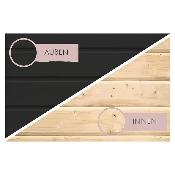 Karibu Saunahaus Miramar - L x B x H: 429 x 219,5 x 244 cm, Schwarz, 9 kW Saunaofen mit externer Steuerung - Zwei Arten Holzverkleidung: dunkel für außen (AUSSEN) und natur für innen (INNEN).