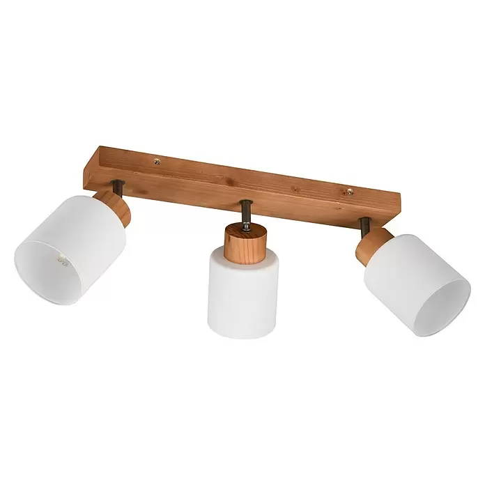 Reality Leuchten Assam Deckenstrahler - 75 W, L x B x H: 10 x 45 x 21 cm, Natur, E14, 3 Stk. - Deckenleuchte aus Holz mit drei weißen Spotlights aus mattiertem Glas.