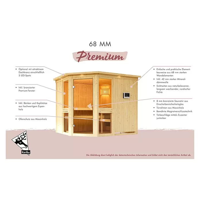 Karibu Elementsauna Mulilo - 9 kW Saunaofen mit integrierter Steuerung, L x B x H: 196 x 231 x 198 cm - Premium Holzsauna mit 68mm starken Wänden, einer Glastür und Holzbänken.