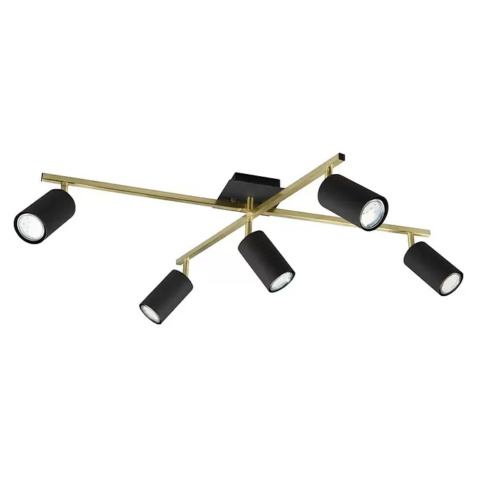 Trio Leuchten Marley Deckenstrahler - 175 W, L x B x H: 57,4 x 77,4 x 22,4 cm, Schwarz/Gold, GU10 - Fünfstrahlige Deckenleuchte mit schwarzen zylindrischen Strahlern auf goldfarbenem Metallrahmen, mit sichtbaren LEDs.