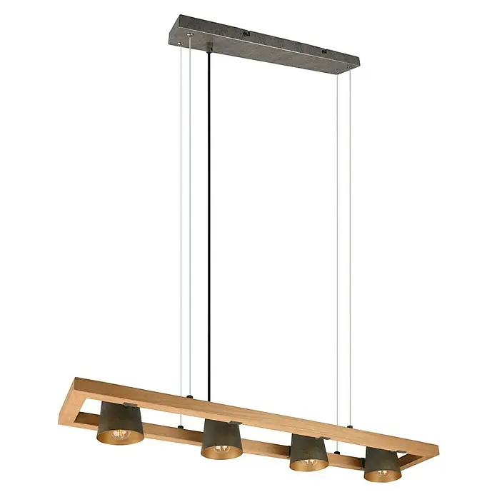 Trio Leuchten Bell Pendelleuchte - 100 W, L x B x H: 21 x 100 x 150 cm, Nickel-antik/Holz, E14 - Ein modernes Pendelleuchte mit vier Lampen in einem Holzrahmen, ideal für Esszimmer oder Wohnbereiche. Das Design kombiniert Holz und Metall.