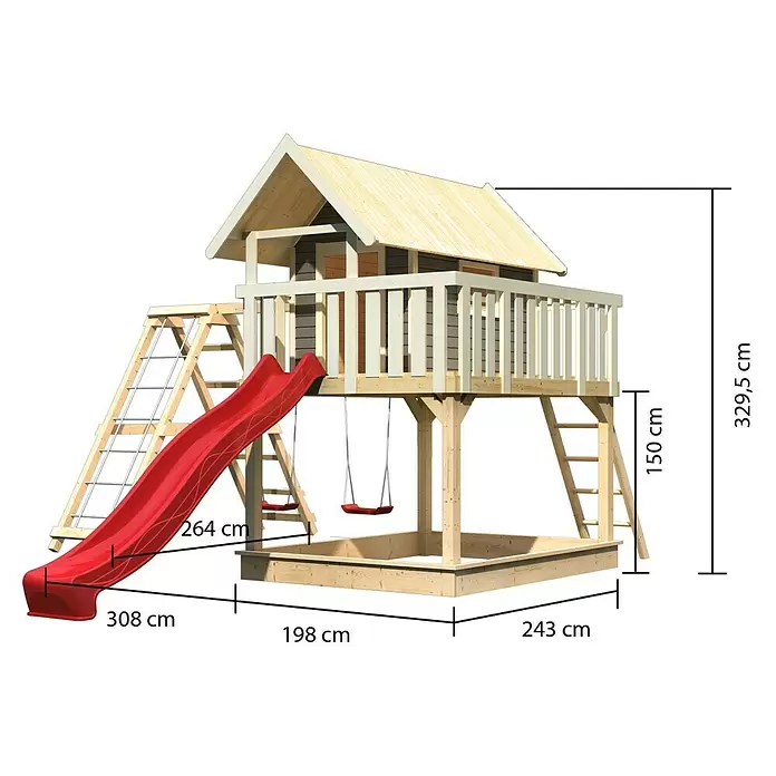 Karibu Kinderspielturm Fidel - L x B x H: 243 x 198 x 329,5 cm, Terragrau, Mit roter Rutsche & Klettergerüst - Hölzernes Kinderspielset mit Spielhaus, roter Rutsche, zwei Schaukeln und Sandkasten, inkl. Maßen.