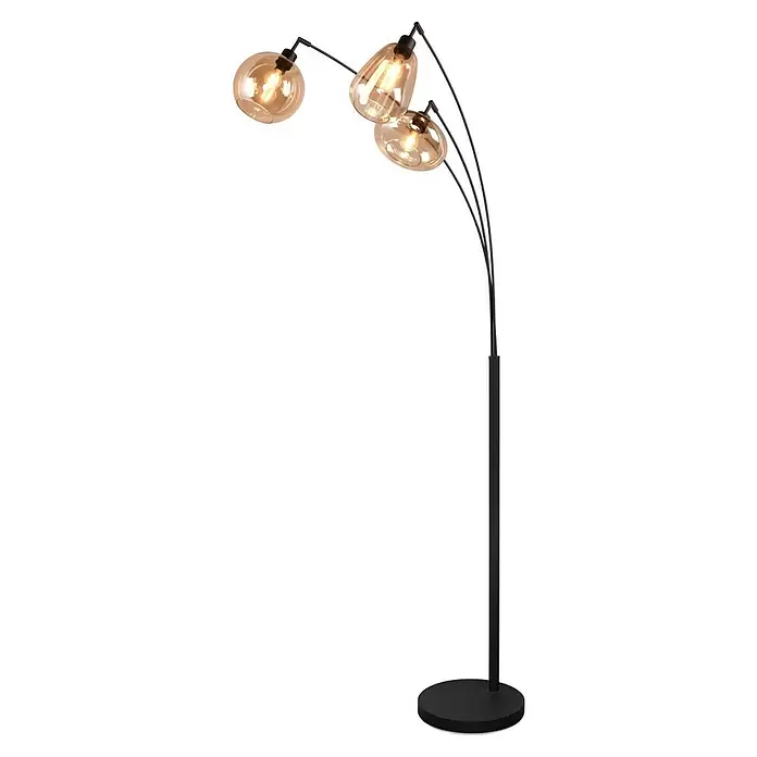 Trio Leuchten Lumina Stehleuchte - 30 W, Höhe: 200 cm, Schwarz, Amber, E14 - Schwarze Stehleuchte mit drei gebogenen Armen, die jeweils in einem bernsteinfarbenen Glasschirm mit sichtbarer Glühbirne enden.