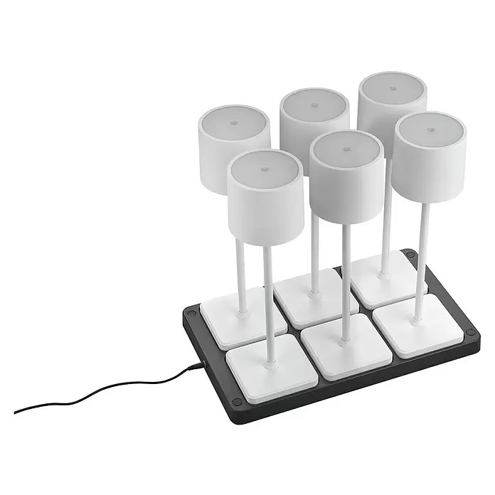 Reality Leuchten Akku-Tischleuchte FERNANDEZ + Ladestation - 6 W, L x B x H: 26 x 42,6 x 40 cm, Weiß, Mehrfarbig - Modulares weißes Beleuchtungssystem auf schwarzem Sockel mit Netzkabel.