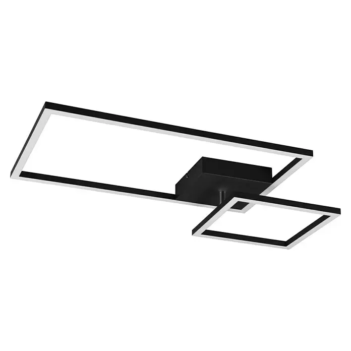 Reality Leuchten LED-Deckenleuchte Padella - 25 W, L x B x H: 37 x 63,5 x 7,5 cm, Schwarz, Neutralweiß - Moderne schwarze LED-Deckenleuchte mit zwei rechteckigen Rahmen und weiß beleuchteten Kanten, befestigt an einer schwarzen quadratischen Basis.