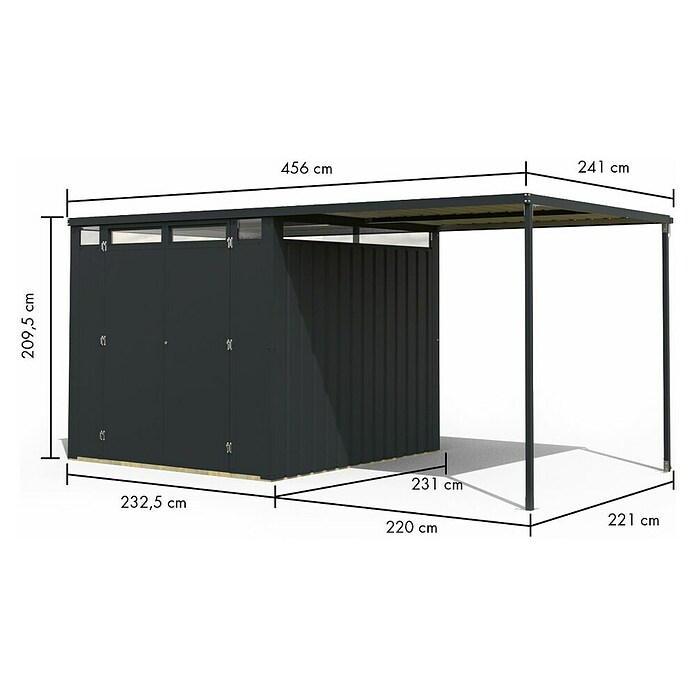 Karibu Gerätehaus Callisto 2 (Außenmaß inkl. Dachüberstand (B x T): 456 x 242 cm, Metall, Anthrazit) | BAUHAUS