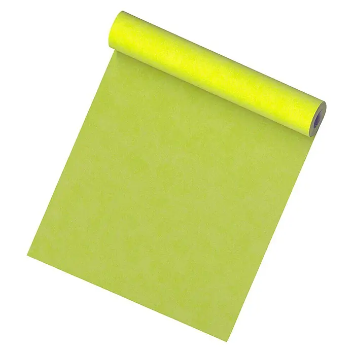 A.S. Création Vliestapete - Grün, Uni, 10,05 x 0,53 m - Gelbe Tapetenrolle, teilweise abgerollt, mit leichtem Texturmuster. Ideal für kreative Wandgestaltung.