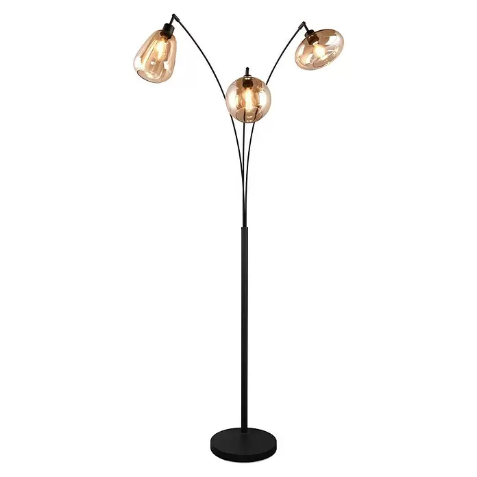 Trio Leuchten Lumina Stehleuchte - 30 W, Höhe: 200 cm, Schwarz, Amber, E14 - Schwarze Stehlampe mit drei verzweigten Armen, die jeweils einen leuchtenden, bernsteinfarbenen Glasschirm in verschiedenen Formen halten.
