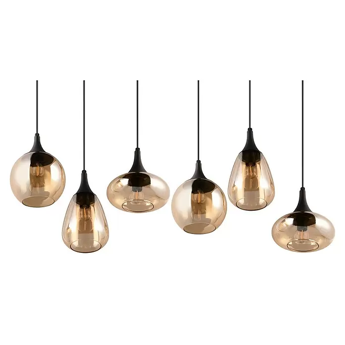 Trio Leuchten Lumina Pendelleuchte - 6 Stk., 240 W, L x B x H: 34,5 x 93,8 x 150 cm, Amber, Schwarz, E14 - Sechs bernsteinfarbene Pendelleuchten aus Glas mit schwarzen Oberteilen und Kabeln in Tropfen- und Kugelformen.