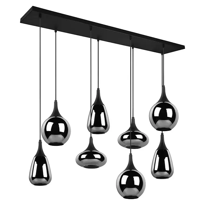 Trio Leuchten Lumina Pendelleuchte - 8 Stk., 320 W, L x B x H: 34,5 x 121 x 150 cm, Chrom, Schwarz, E14 - Moderne Hängelampe mit schwarzem Rechtecksockel und acht verchromten Pendelleuchten in verschiedenen Formen.