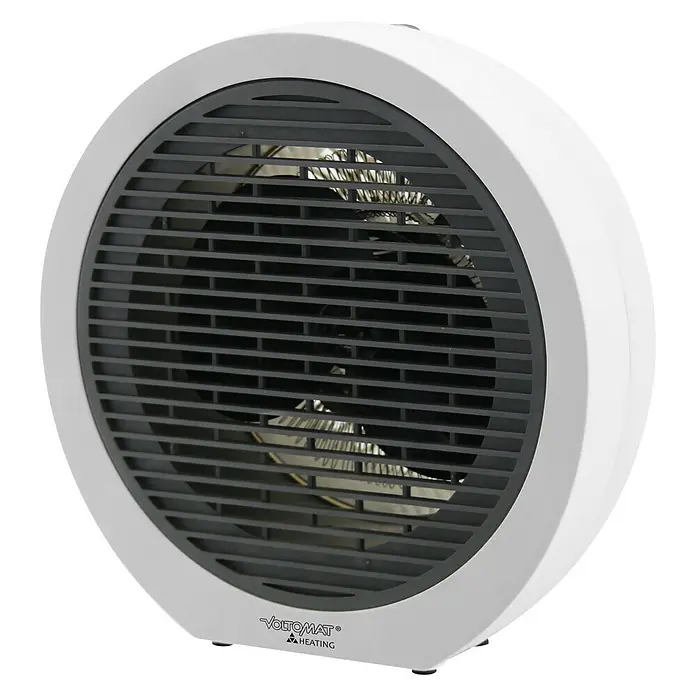 Voltomat HEATING Heizlüfter Globe - 1.000 W - 2.000 W, Grau - Abbildung eines weißen VoltoMat Heizlüfters mit runder Form und schwarzen Gittern.