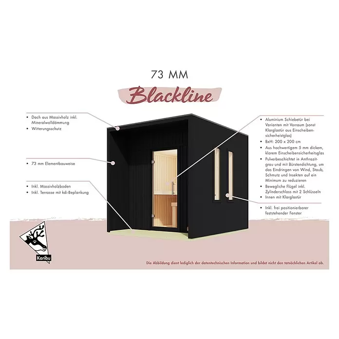 Karibu Saunahaus Laguna - L x B x H: 287,5 x 219,5 x 244 cm, Naturbelassen, Mit 9 kW Ofen mit externer Steuerung - Modernes schwarzes Holz-Gartenhaus oder Sauna mit Glastür und Seitenfenstern, inklusive kleiner Holzterrasse.