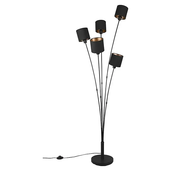 Reality Leuchten Tommy Stehleuchte - 200 W, Höhe: 163 cm, Schwarz/Gold, E14, 5 Stk. - Schwarze Stehleuchte mit fünf verstellbaren Lampenschirmen mit goldenen Innenseiten. Mit rundem Sockel und Fußschalter.