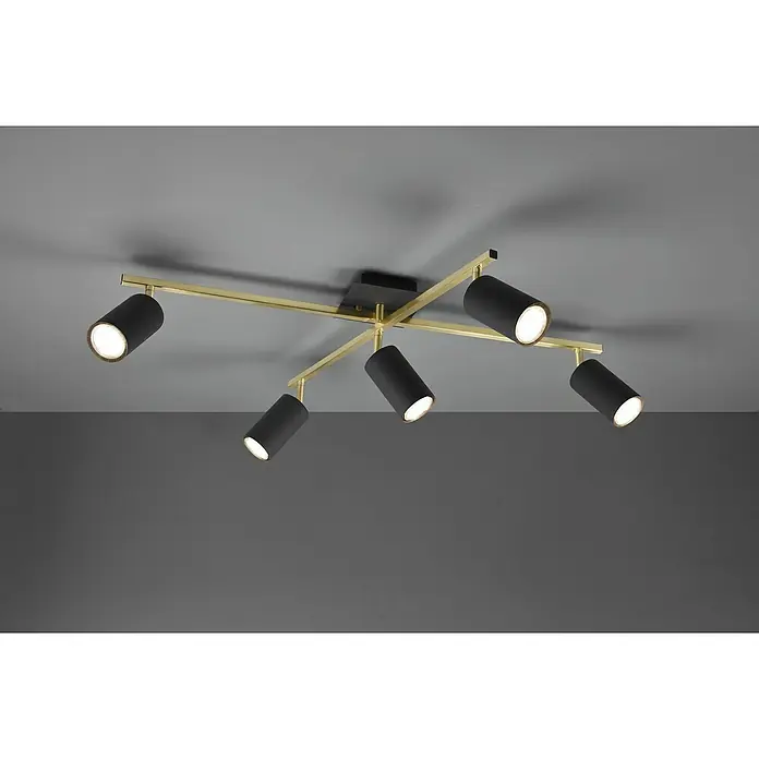 Trio Leuchten Marley Deckenstrahler - 175 W, L x B x H: 57,4 x 77,4 x 22,4 cm, Schwarz/Gold, GU10 - Deckenleuchte mit fünf schwarzen Strahlern und goldfarbenen Armen. Modernes Design für Wohnzimmer oder Büro.