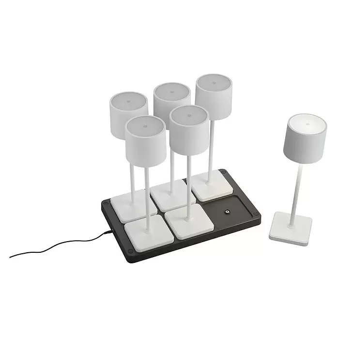 Reality Leuchten Akku-Tischleuchte FERNANDEZ + Ladestation - 6 W, L x B x H: 26 x 42,6 x 40 cm, Weiß, Mehrfarbig - Set weißer, zylindrischer moderner Lampen auf schmalen Stielen mit quadratischen Füßen. Fünf Lampen auf schwarzer Ladestation, eine separat.