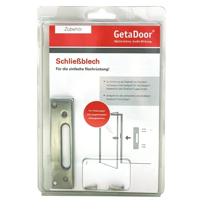 GetaDoor Schließblech - Geeignet für: Ganzglastüren, Passend für: GetaDoor Aperto Zargen - Das Bild zeigt eine Schließblech-Verpackung von Geta Door, die für Holzzargen mit Ganzglastüren geeignet ist. Inklusive Schrauben zur einfachen Montage.