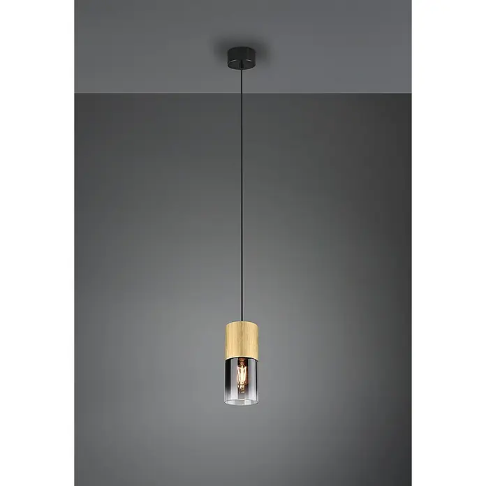 Trio Leuchten Robin Pendelleuchte - 28 W, Messing, E27, Anzahl Leuchtmittel: 1 Stk. - Elegante Pendelleuchte mit einem Zylinder aus Holz und Rauchglas, hängt stilvoll von der Decke. Ideal für moderne Innenräume.