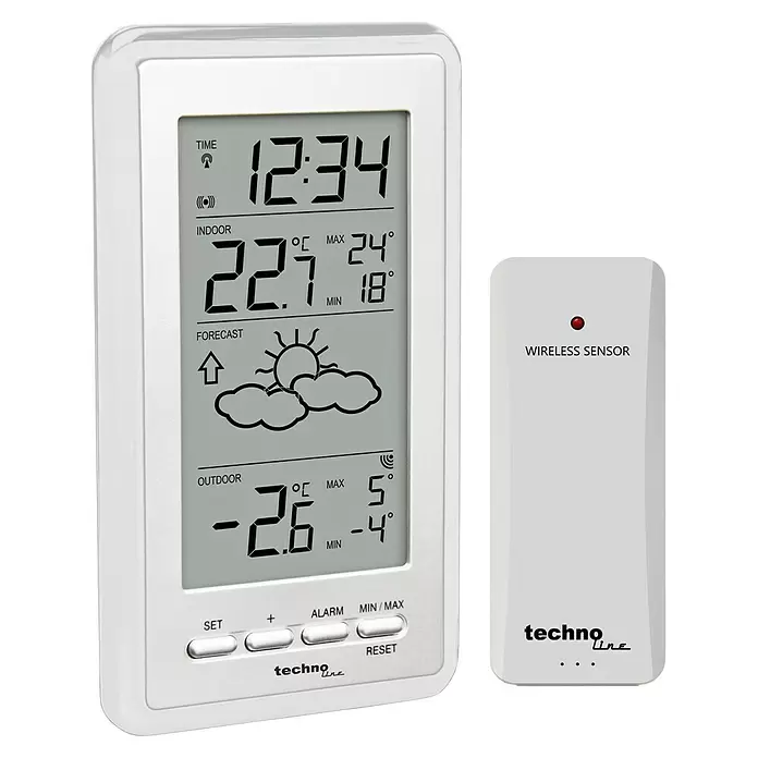Technoline Funkwetterstation WS9130 - Digitales Display, Batteriebetrieben, Silber - Weiße digitale Wetterstation aus Kunststoff mit Hauptanzeige für Uhrzeit, Innen-/Außentemperatur, Vorhersage und separatem Funksensor.