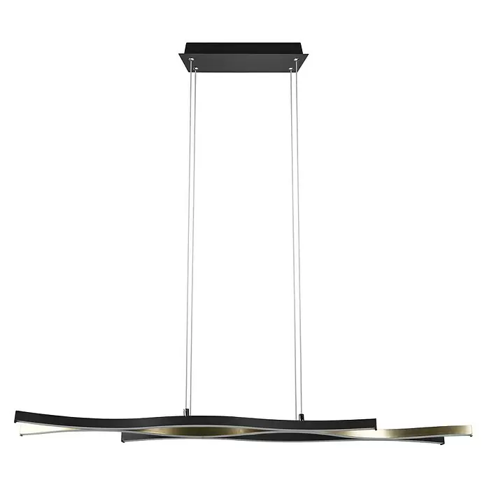 Trio Leuchten Blaze LED-Pendelleuchte - 35 W, L x B x H: 15,5 x 107,5 x 150 cm, Messing matt/Schwarz, Mehrfarbig - Schwarze und goldene gewellte LED-Pendelleuchte, an Drähten aufgehängt.