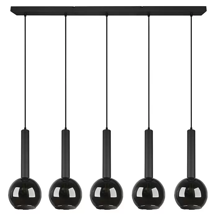 Trio Leuchten Pendelleuchte Clayton - 5 Stk., 140 W, L x B x H: 20 x 115 x 150 cm, Chrom, Schwarz, E27 - Fünf schwarze Pendelleuchten mit zylindrischen Fassungen und dunklen Glaskugelschirmen an einer schwarzen Schiene.