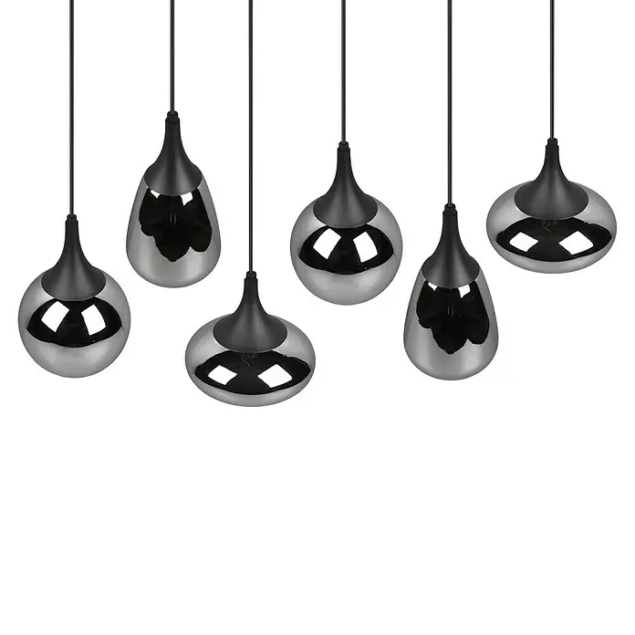 Trio Leuchten Lumina Pendelleuchte - 6 Stk., 240 W, L x B x H: 34,5 x 93,8 x 150 cm, Chrom, Schwarz, E14 - Moderne Pendelleuchten: Sechs silberfarbene Lampen mit schwarzem Baldachin hängen von der Decke und sorgen für stilvolle Beleuchtung.