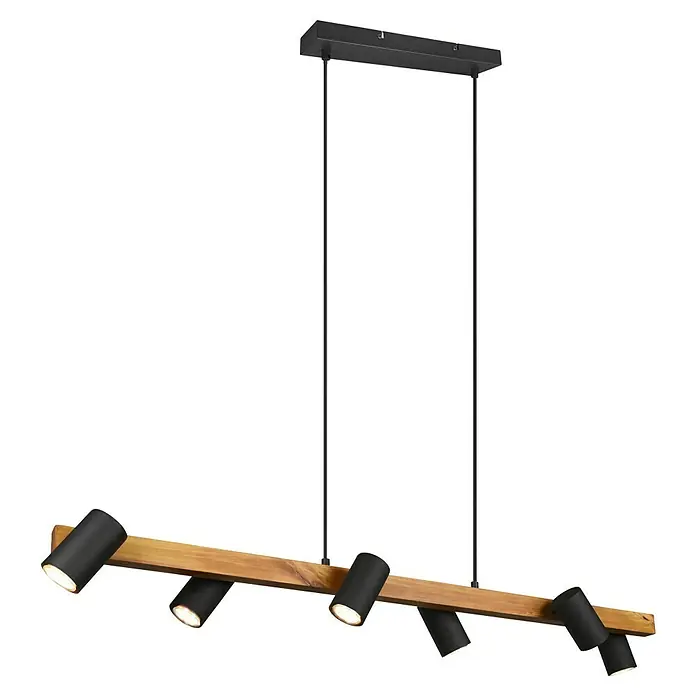 Trio Leuchten Marley Pendelleuchte - 210 W, L x B x H: 20 x 115 x 150 cm, Schwarz/Holz, GU10, Anzahl Leuchtmittel: 6 Stk. - Moderne Hängeleuchte mit Holzdetail und schwarzen Strahlern, ideal zur Akzentbeleuchtung in jedem Raum. Stilvolle Beleuchtung für Ihr Zuhause.