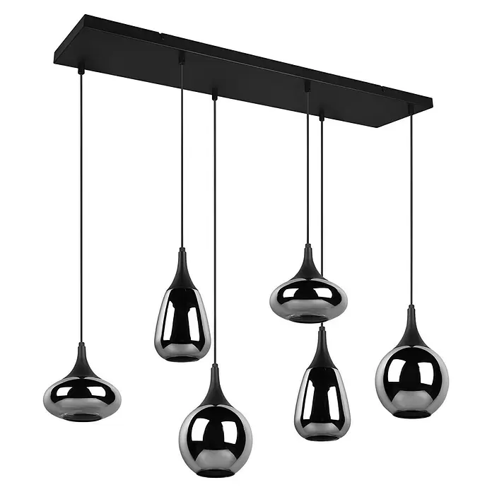 Trio Leuchten Lumina Pendelleuchte - 6 Stk., 240 W, L x B x H: 34,5 x 93,8 x 150 cm, Chrom, Schwarz, E14 - Sechsflammige Hängeleuchte mit schwarzer, rechteckiger Deckenplatte und verchromten, tropfen- und kugelförmigen Glasschirmen.