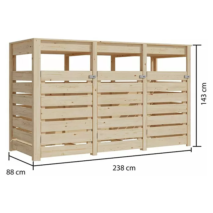 Karibu Mülltonnenverkleidung mit integriertem Hochbeet - Holz, Naturbelassen, Geeignet für Anzahl Mülltonnen: 3 Stk. - Dreifaches Mülltonnenhaus aus hellem Holz mit Lamellen und Fronttüren, ideal für Abfalltrennung oder Lagerung im Freien.