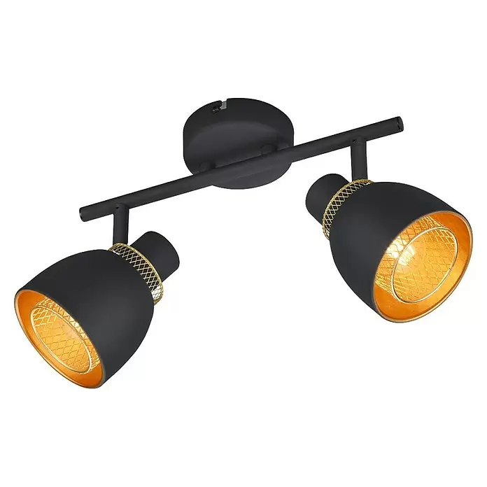Reality Leuchten Punch Deckenstrahler - 2 Stk., 20 W, L x B x H: 10 x 28,5 x 20 cm, Schwarz/Gold, E14 - Schwarze zweiflammige Deckenleuchte mit verstellbaren Köpfen und goldenen Akzenten.