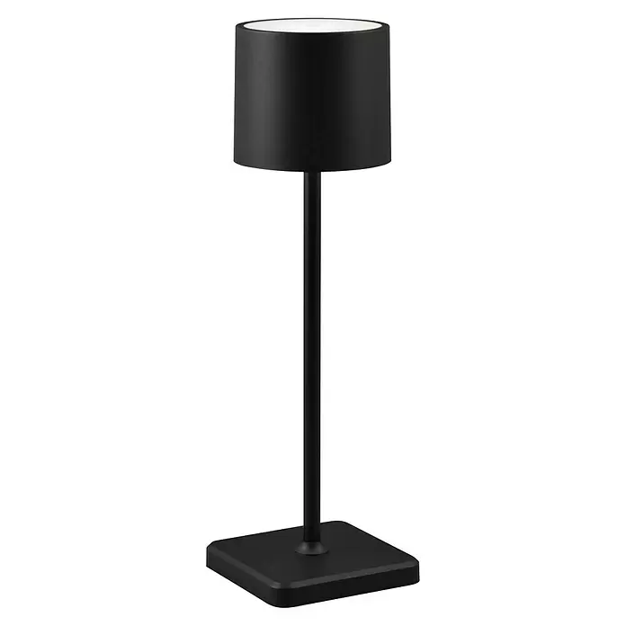 Reality Leuchten Akku-Tischleuchte FERNANDEZ - 1 W, L x B x H: 12,5 x 12,5 x 38 cm, Schwarz, Mehrfarbig - Schwarze zylindrische Tischleuchte mit weißem Diffusor oben und quadratischem Sockel.