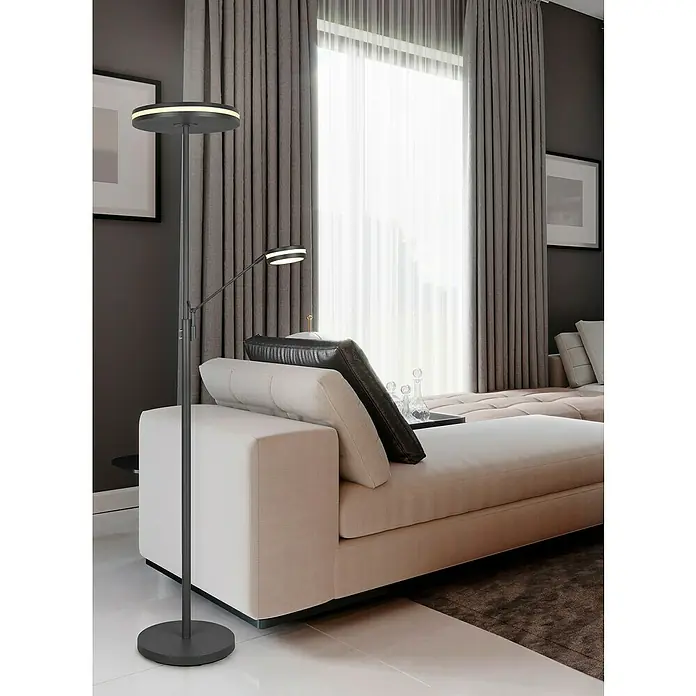 Trio Leuchten Franklin LED-Stehleuchte - 35 W, Höhe: 181 cm, Anthrazit, Mehrfarbig - Moderne Stehlampe mit zwei Leuchten in einem stilvollen Wohnzimmer. Das perfekte Lichtelement für gemütliche Stunden.