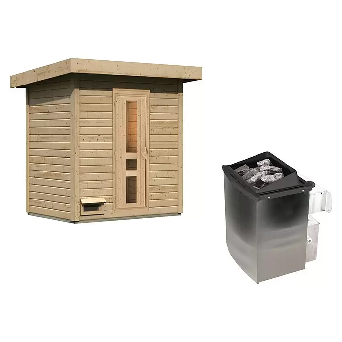 Karibu Saunahaus Hytti - 9 kW Saunaofen mit integrierter Steuerung, L x B x H: 146 x 196 x 228 cm, Natur - Hölzerne Außensaunakabine und ein metallischer Saunaofen mit Steinen.