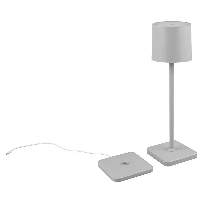 Reality Leuchten Akku-Tischleuchte FERNANDEZ - 1 W, L x B x H: 12,5 x 12,5 x 38 cm, Grau, Mehrfarbig - Weiße kabellose LED-Lampe mit zylindrischem Kopf und quadratischem Sockel, inklusive separater Ladeplatte und Kabel.