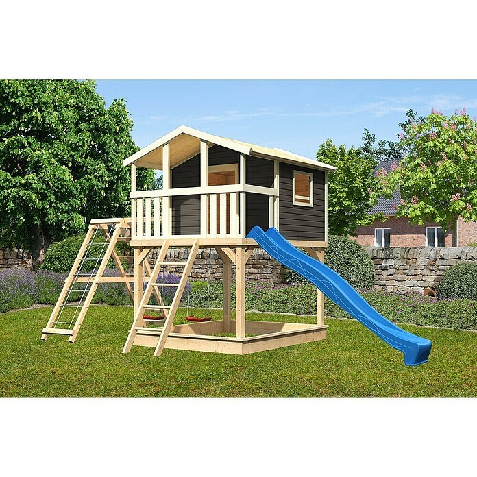 Karibu Kinderspielturm Benjamin (L x B x H: 244 x 198 x 309 cm, Terragrau, Mit blauer Rutsche & Klettergerüst) | BAUHAUS