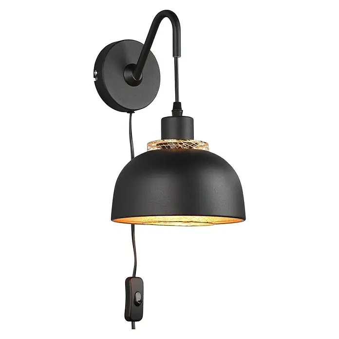 Reality Leuchten Punch Wandleuchte - 40 W, L x B x H: 24 x 18 x 30 cm, Schwarz/Gold, E27 - Schwarze Wandleuchte mit Schalter und dekorativem Schirm, ideal für stimmungsvolle Beleuchtung in jedem Raum.