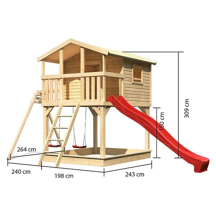 Karibu Kinderspielturm Benjamin (L x B x H: 244 x 198 x 309 cm, Naturbelassen, Mit roter Rutsche) | BAUHAUS