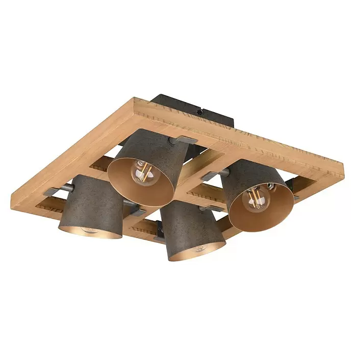 Trio Leuchten Bell Deckenleuchte - 100 W, L x B x H: 39 x 9 x 19,8 cm, Nickel-antik/Holz, E14 - Deckenleuchte aus Holz und Metall mit vier verstellbaren Strahlern und goldfarbener Innenseite.