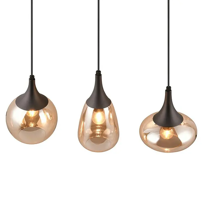 Trio Leuchten Lumina Pendelleuchte - 3 Stk., 120 W, L x B x H: 19,5 x 68,8 x 150 cm, Amber, Schwarz, E14 - Die Hängeleuchten mit bernsteinfarbenen Glasschirmen und schwarzem Sockel bieten eine warme und stilvolle Beleuchtung.