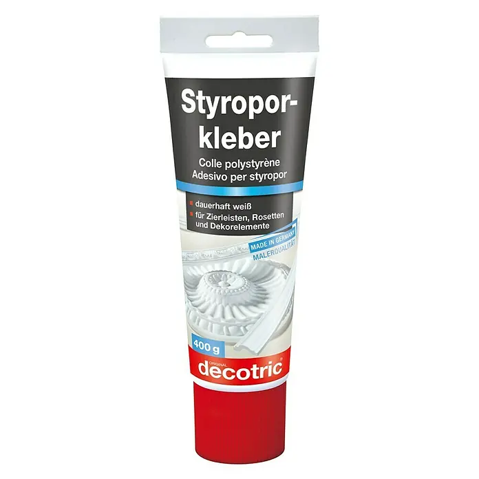 Decotric Polystyrolkleber - 400 g, Lösemittelfrei - Styroporkleber Tube: Dauerhaft weißer Kleber für Zierleisten, Rosetten und Dekorelemente, ideal für den Innenbereich.