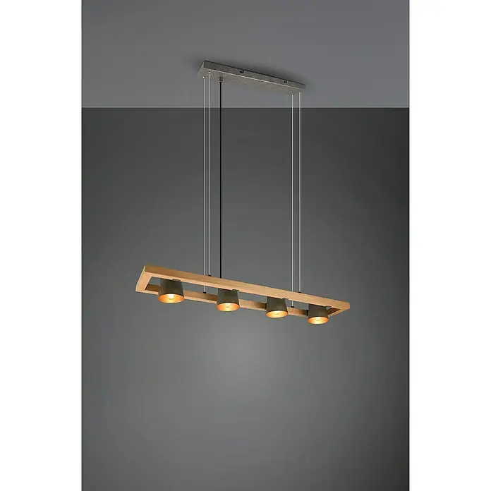 Trio Leuchten Bell Pendelleuchte - 100 W, L x B x H: 21 x 100 x 150 cm, Nickel-antik/Holz, E14 - Moderne Hängelampe mit Holzrahmen und vier grauen Lampenschirmen, die ein warmes Licht ausstrahlen, für eine stilvolle Beleuchtung.