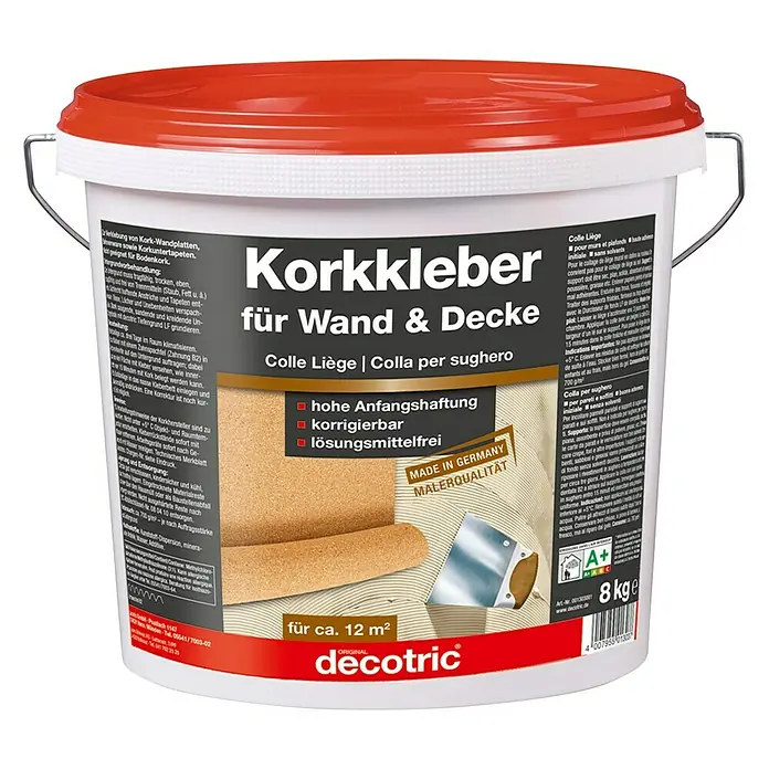 Decotric Korkkleber für Wand & Decke - 8 kg, Lösemittelfrei - Abbildung eines Eimers Decotric Korkkleber für Wand und Decke, ideal für Kork-Wandplatten. Der Kleber ist lösemittelfrei und leicht zu verarbeiten.
