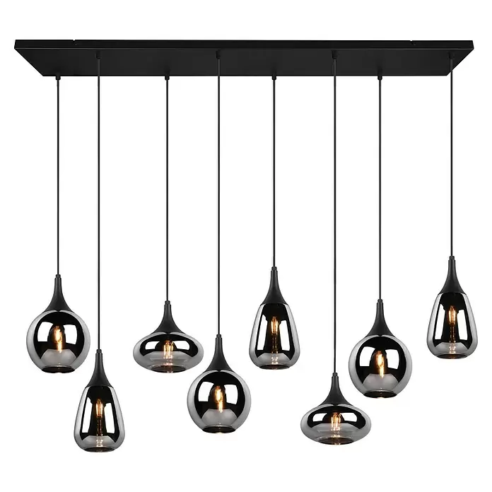Trio Leuchten Lumina Pendelleuchte - 8 Stk., 320 W, L x B x H: 34,5 x 121 x 150 cm, Chrom, Schwarz, E14 - Mehrflammige Pendelleuchte mit acht Pendeln aus verchromtem/rauchfarbenem Glas in verschiedenen Formen, an schwarzer Stange.