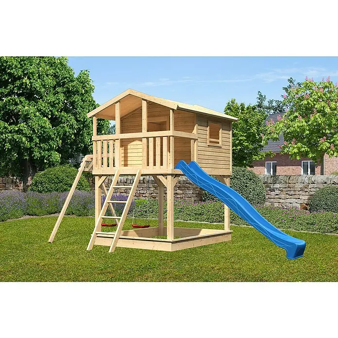 Karibu Kinderspielturm Benjamin - L x B x H: 244 x 198 x 309 cm, Naturbelassen, Mit blauer Rutsche - Hölzernes Spielhaus mit Rutsche und Schaukeln im Garten, ein Paradies für Kinder zum Spielen und Entdecken im Freien.