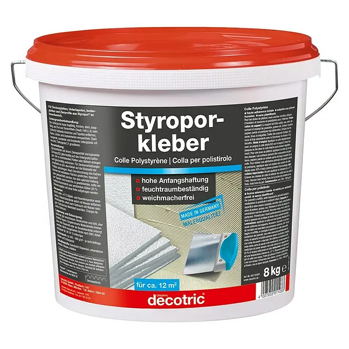 Decotric Polystyrolkleber - 8 kg, Gebrauchsfertig - Styroporkleber: Ein Eimer Styroporkleber für Deckenplatten, Untertapeten, Isolierplatten und Zierprofile. Hohe Anfangshaftung und feuchtraumbeständig.