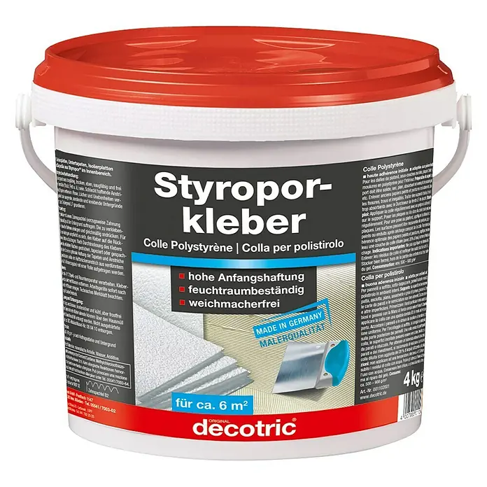 Decotric Polystyrolkleber - 4 kg, Gebrauchsfertig - Styroporkleber: Ein Eimer mit Styroporkleber, ideal für Innenanwendungen, bietet hohe Haftung und ist feuchtraumbeständig.